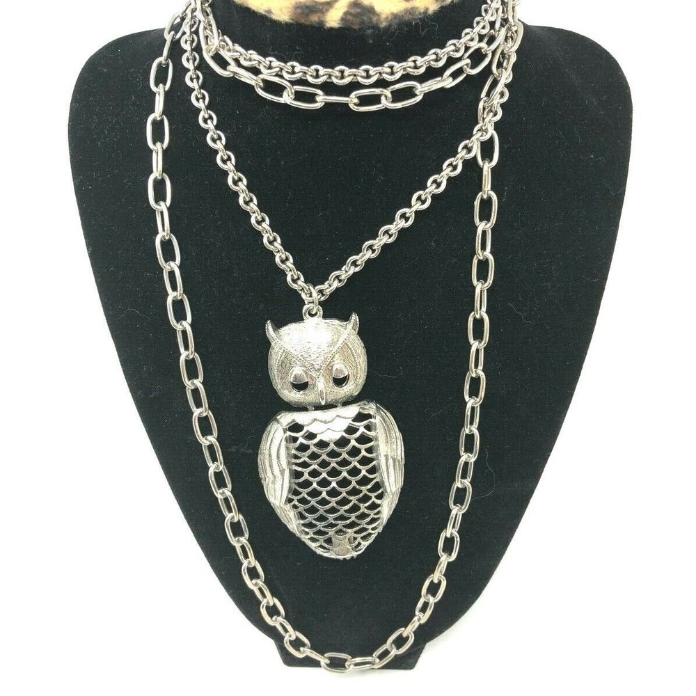 Owl‎ Silver Tone Necklace Double Chain 21" and 33"